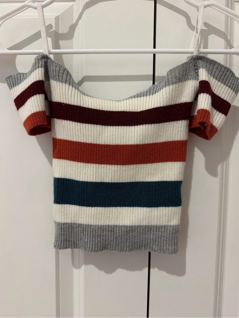 Windsor Ribbed Off-Shoulder Striped Sweater - White, Gray, Burgundy, Rust, Teal